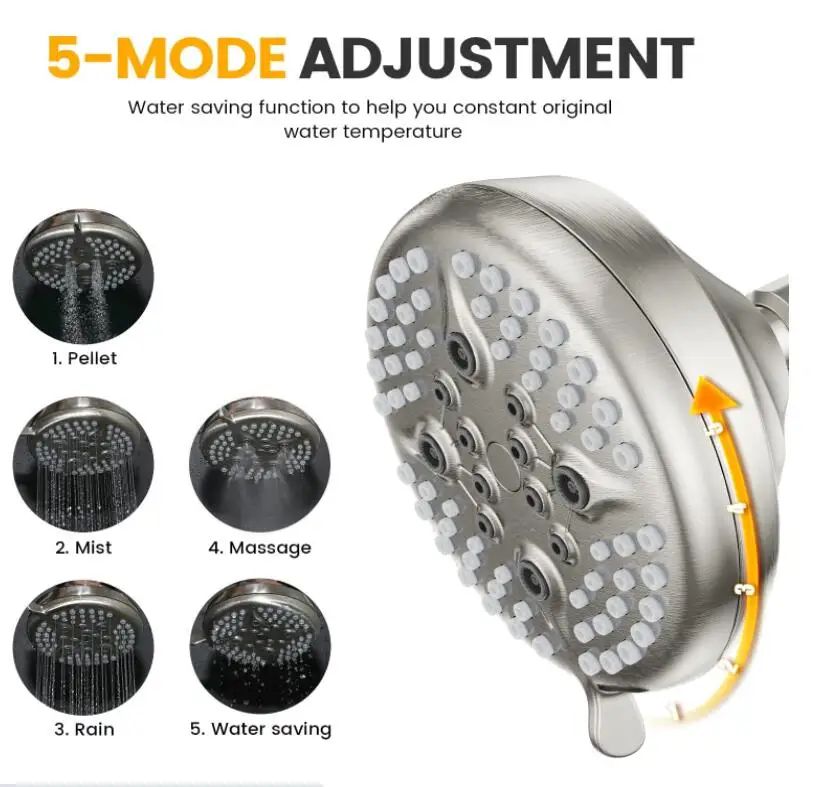 6 inch Shower arm fixed 5 inch shower head brushed nickle high press fixed rain shower head