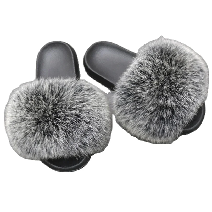 Прямая поставка; Тапочки с натуральным лисьим мехом; Нескользящие сандалии с мехом енота; Модные женские шлепанцы на меху