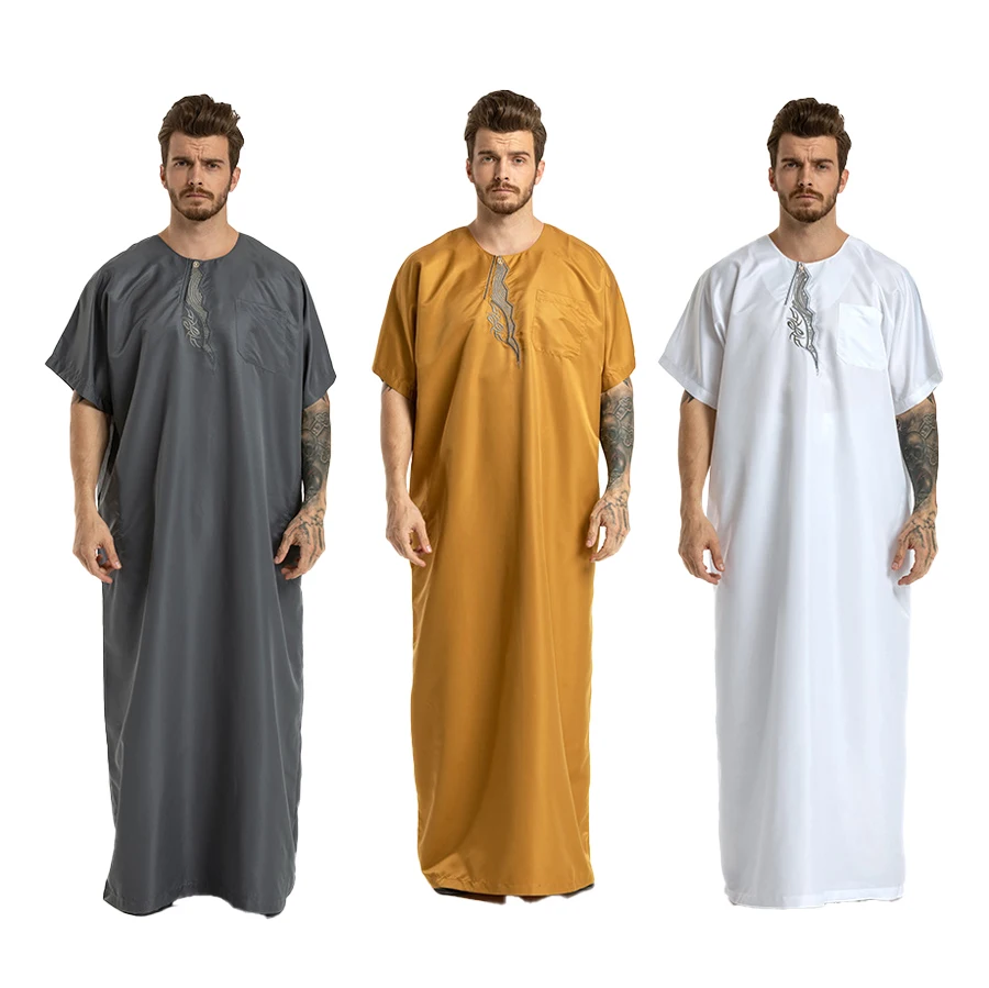 Long Dress Muslim Men Short Sleeve Current Year Fashion Print Casual Dresses Arab Robe Qomen Islamic Clothing