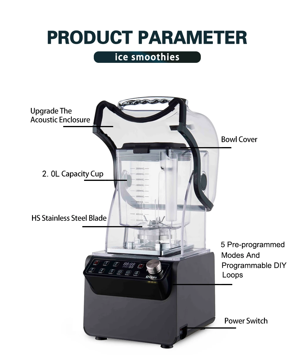 Low Noise AC Powerful Commercial Smoothie Blender Professional Kitchen Frappuccino Ice Drink Blender Machine