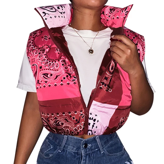 Wholesale Paisley Print Vest Jacket with Pockets Autumn Winter Warm Sleeveless Women Short Coats Cotton Casual Outwear