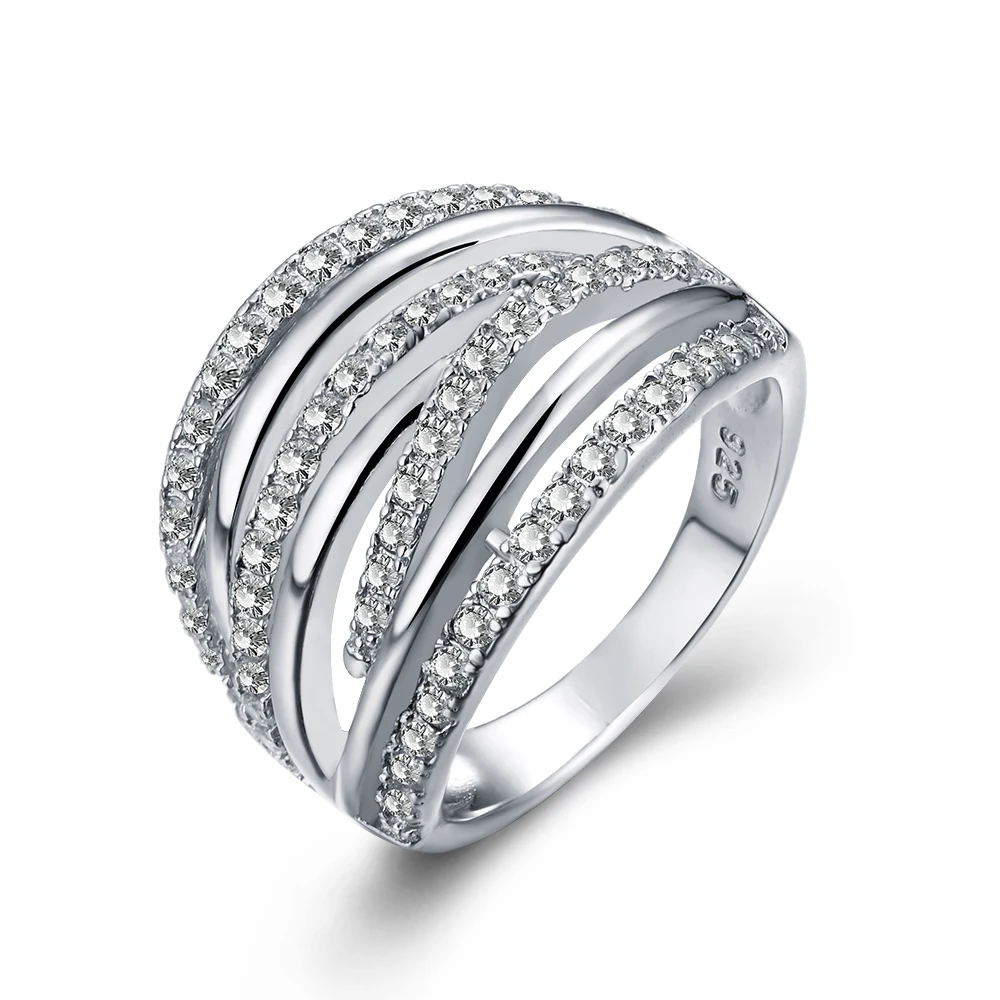 925 Sterling Silver mounting Triple Interlocked Band Rolling Zircon High Polish Ring