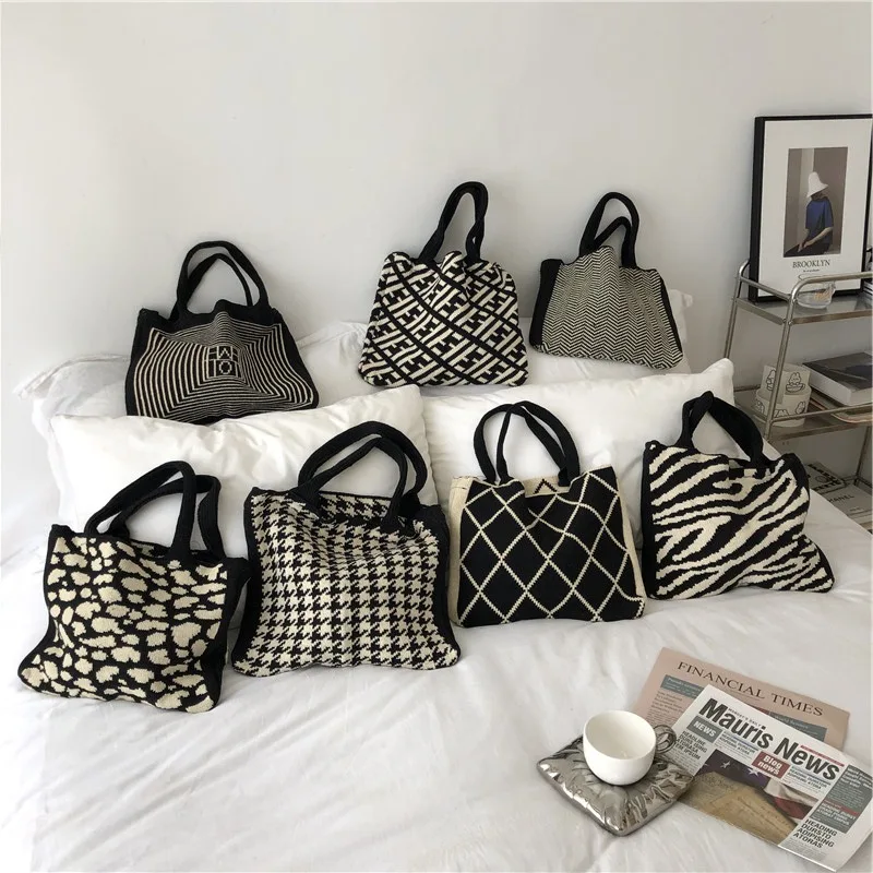 Winter new ins vintage wool knit shoulder underarm bag bucket shopping tote bags fashion handbag