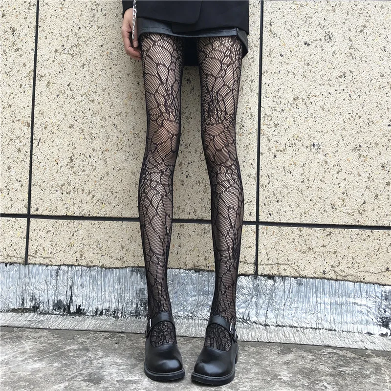 Women Sexy Lace Pantyhose jacquard Pattern Tights Gothic Punk Lolita Hollow Out girl Fishnet black heart Mesh Stockings