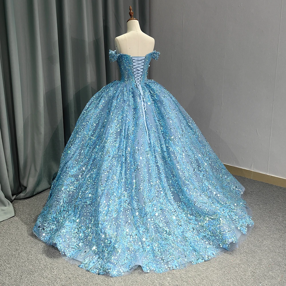 Sky Blue Sparkly Sweetheart Quinceanera Dresses Formal Luxury Party Beading Lace Sweet 15 Dress Graduation Ball Gwon 6555-2