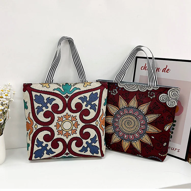Embroidery retro large capacity large flower pattern canvas shopping tote bags manufacturer
