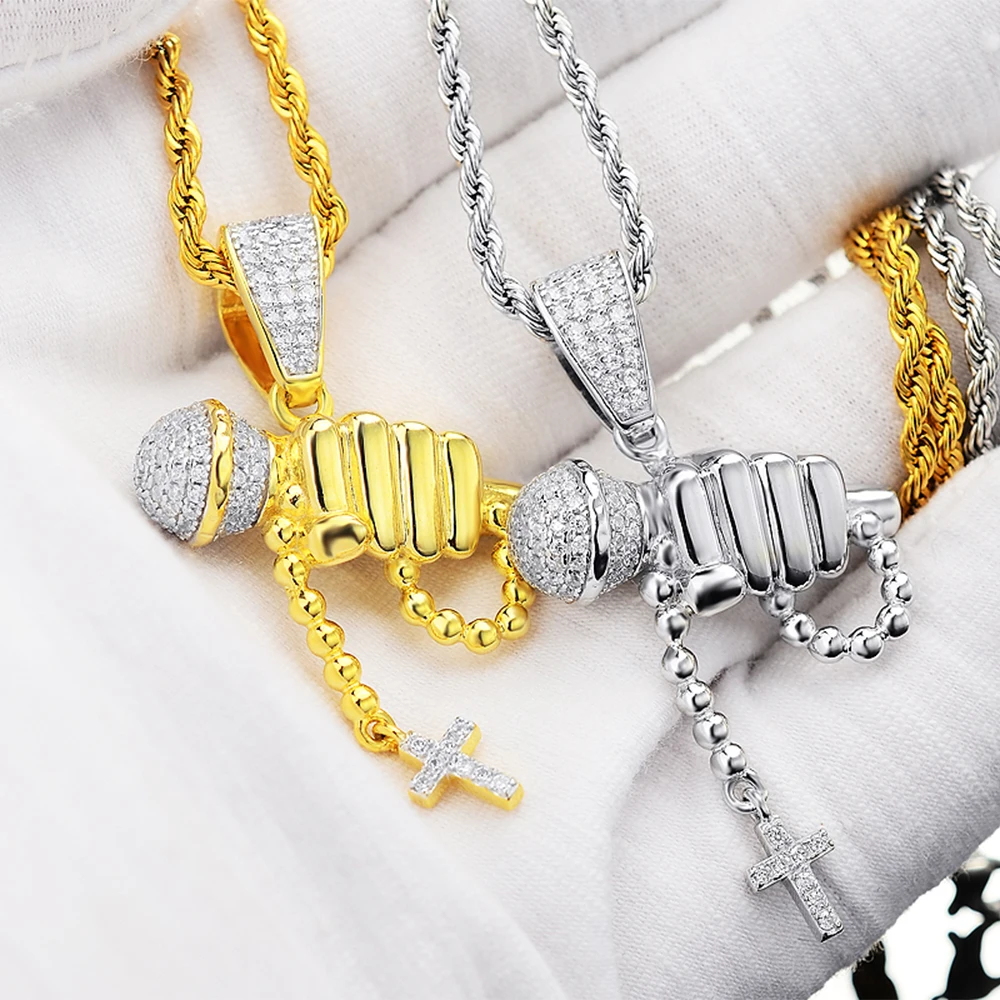Men Rapper Jewelry Pave Cz Rock Music Iced Out Zircon 925 Sterling Silver Microphone Pendant Necklace