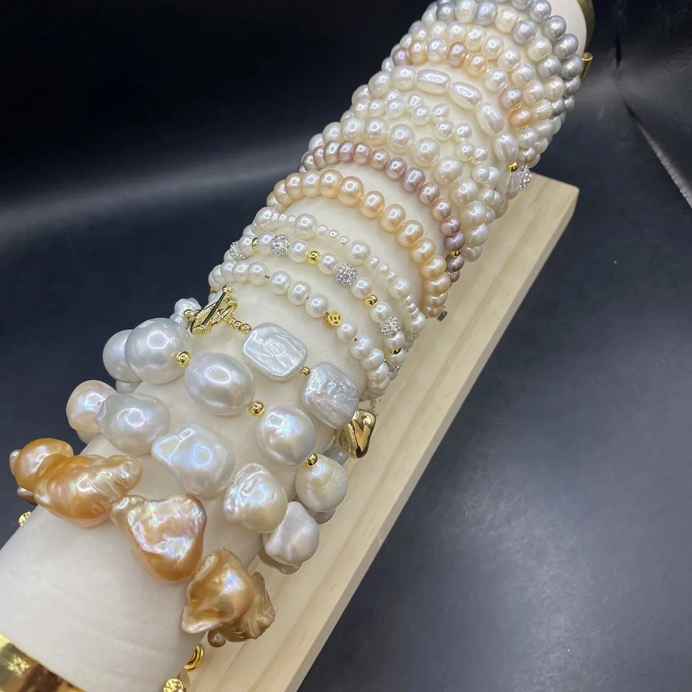 Natural Freshwater 925 Silver button Baroque pearl Round pearl bracelet Color bracelet 18cm in length For party wear daily wear