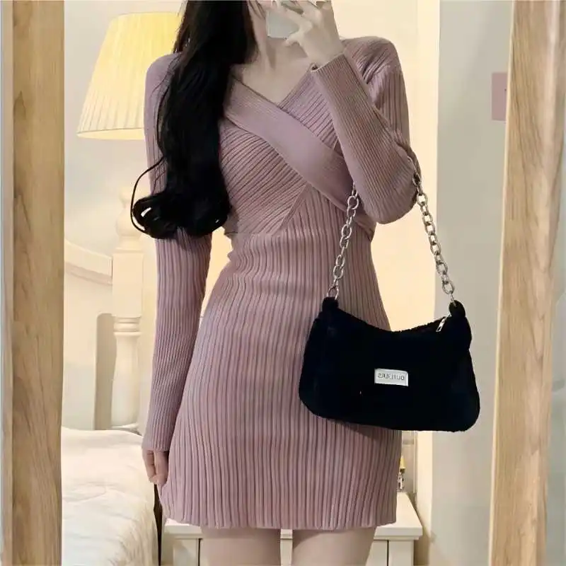 New in Customize Sexy Pink V neck Long Sleeve mini Skirt Casual Sweater Dress