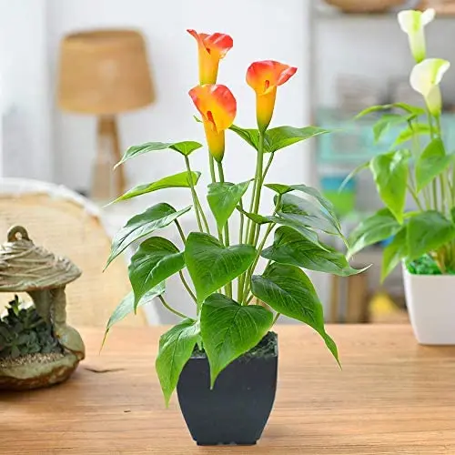 
Artificial Flower Plants Calla Lily Faux Small Potted Plant with Black Pot Fake Bonsai Flower for Home Office 