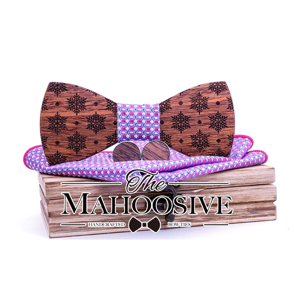 Christmas snowflake Wooden Bow tie Handkerchief Cufflinks Sets for Mens Wood Bowtie Purple Bow Tie Bowknots Cravat wood box
