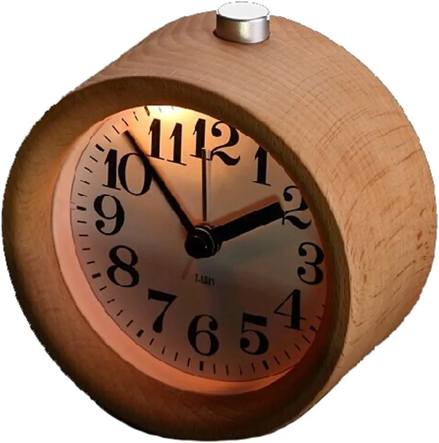 Nightlight Solid Wood Battery Operated Round Wooden Silent Desktop Alarm Clock for Home Study
