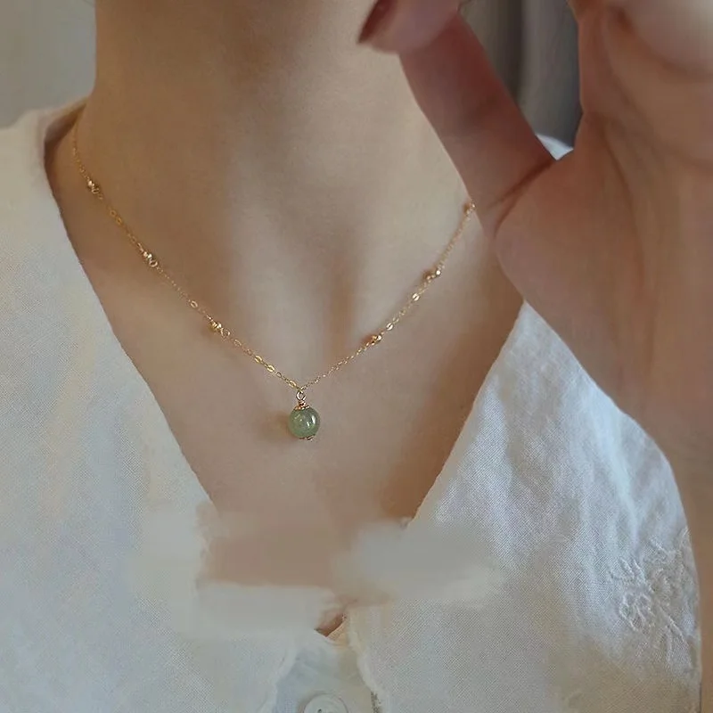 New Hetian Jade Bead Necklace Gold Plated Clavicle Chain Green Jade Pendant Necklace For Women