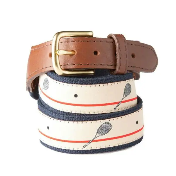 Factory Custom Logo Genuine Leather Tip Canvas Woven Ribbon Keychain Men Belts for Golf Casual Jeans