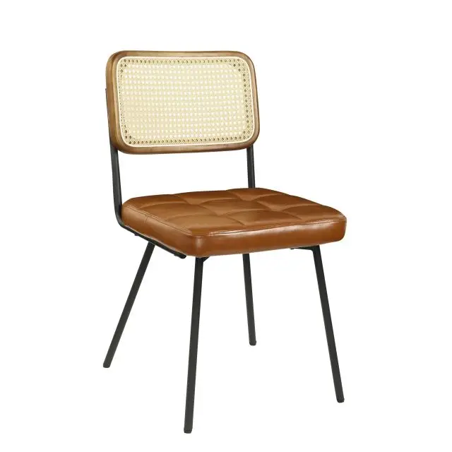 Wood Rattan Armless Rattan Back Black Wood Frame Dining Chairs Set of 2 Genuine Leather Upholstered Kitchen Chairs