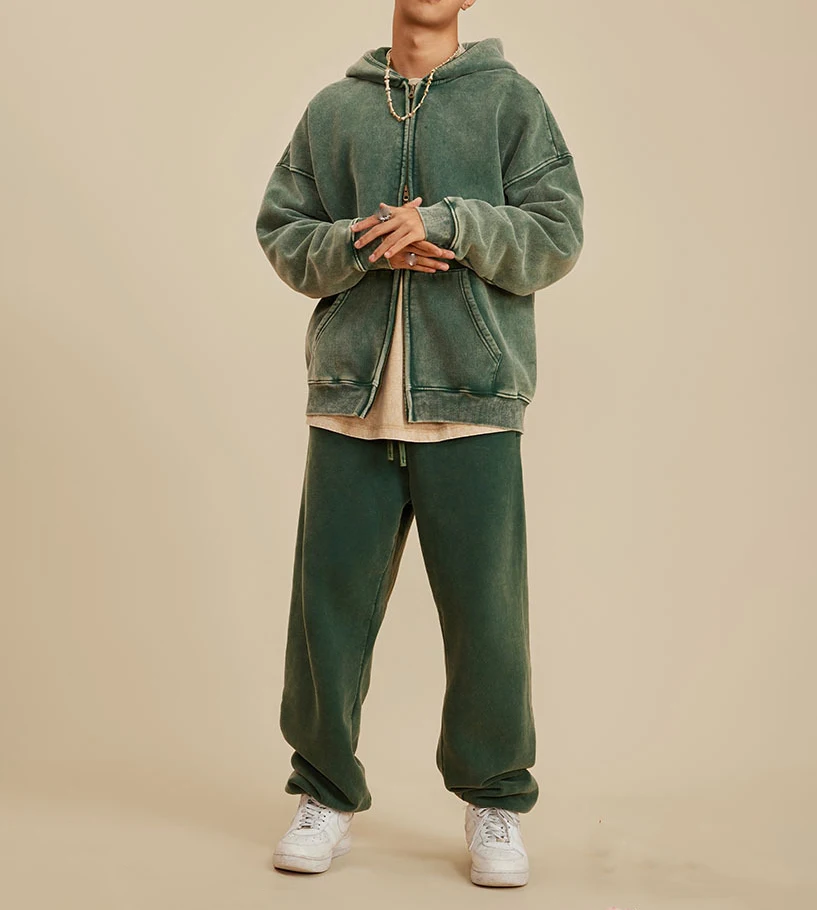 OEM heavyweight cotton fleece mens acid washed oversized dropshoulder zipper up hoodies zip jacket custom logo streetwear