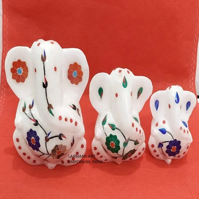 Polished Marble Carved Lord Ganesha Statues/Figurines Set of 3 for Home Decor Wholesale From India