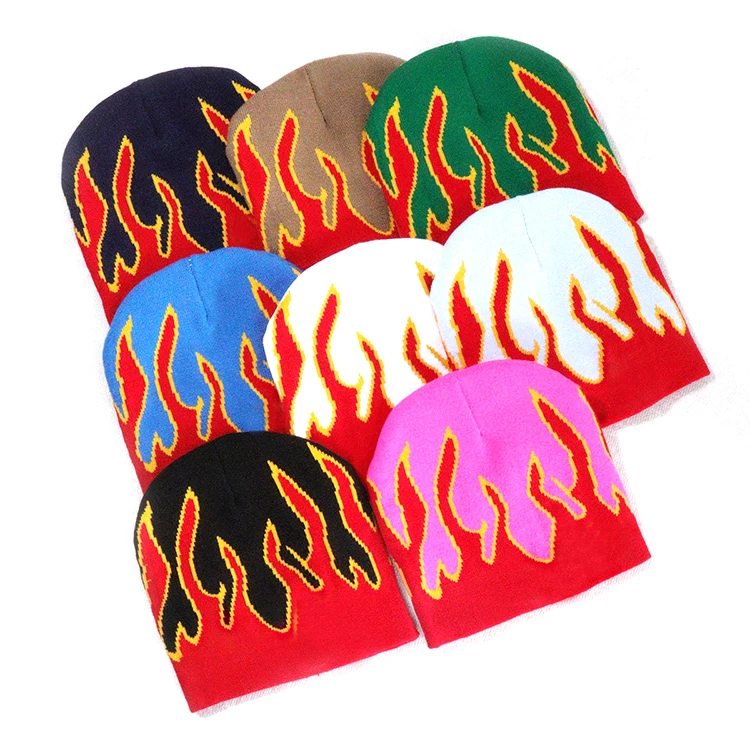 Wholesale Unisex Flame All Over Printed Knitted Bean Hat Cap Custom Logo Y2K Acrylic Jacquard Beanie Hats