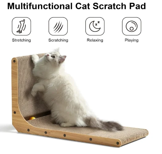 Cat Scratcher 26.8 Inch L Shape Pad Wall Mounted Cat Scratching Cardboard with Ball Toy for Indoor Cats