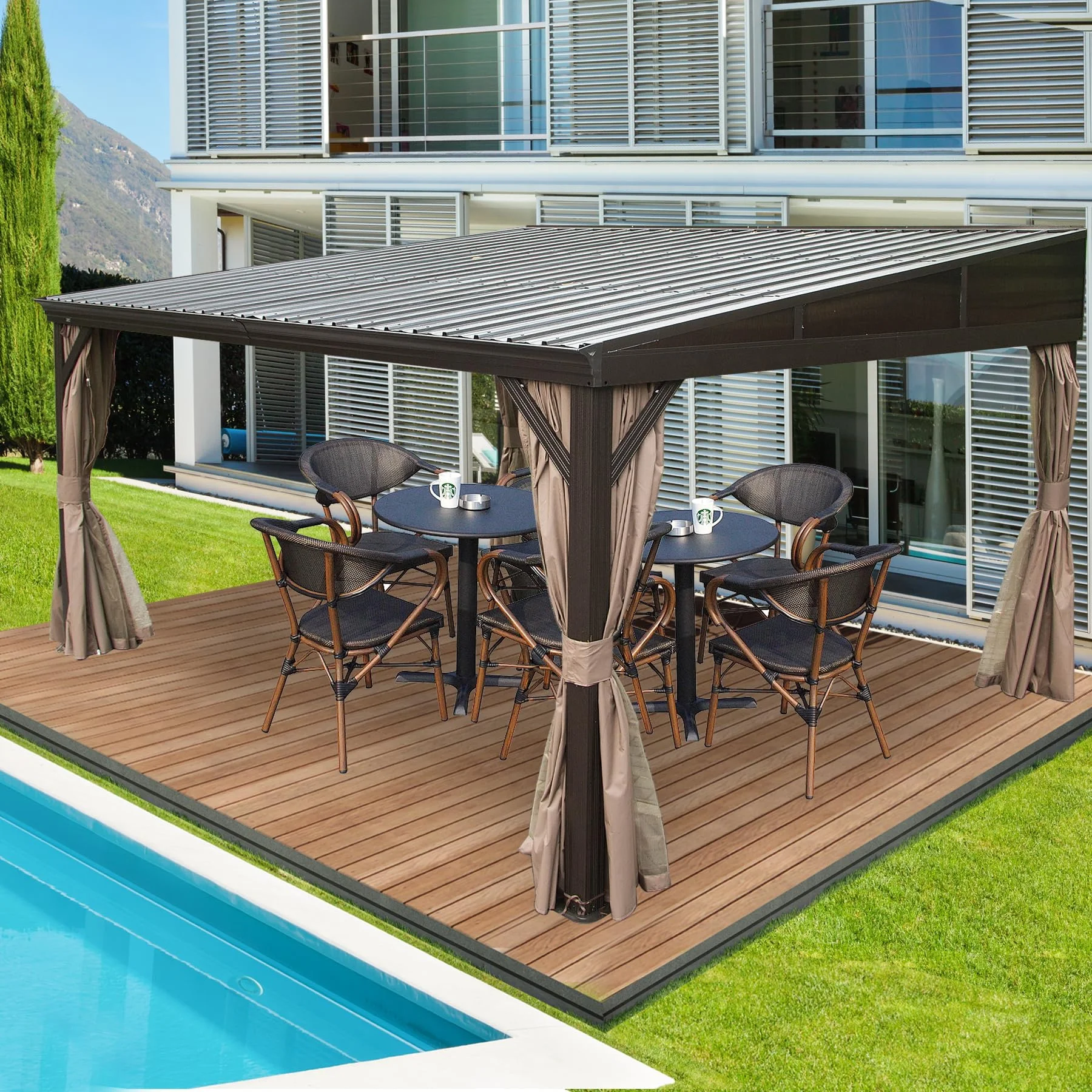 Double Roof Luxury Hard Top Gazebo Outdoor Aluminum Patio Garden Balcony Pergola with Mosquito Netting Canopy & Gazebo & Pergola