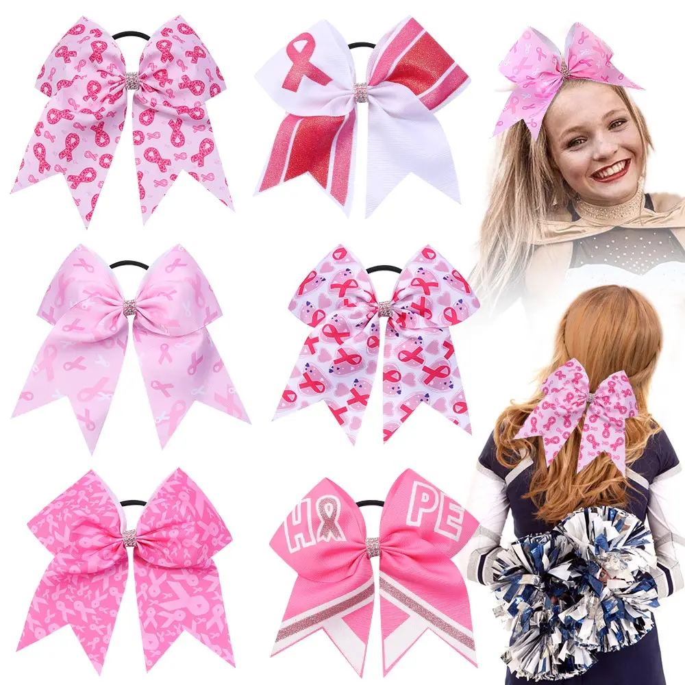 7 Inch Cheap Pink Ribbon Cheerleading Bows for Girls and Women Breast Cancer Cheer Bows with Elastic Band