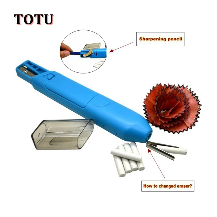 Mini custom round stationery blue plastic school ABS Electric Eraser - Blue (2pcs 3A batteries)