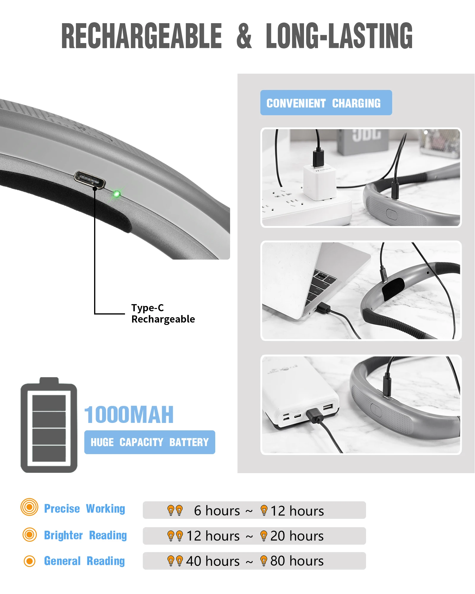 Glocusent Rechargeable Eye Protection Led Neck Reading Light Flexible Neck Light Reading