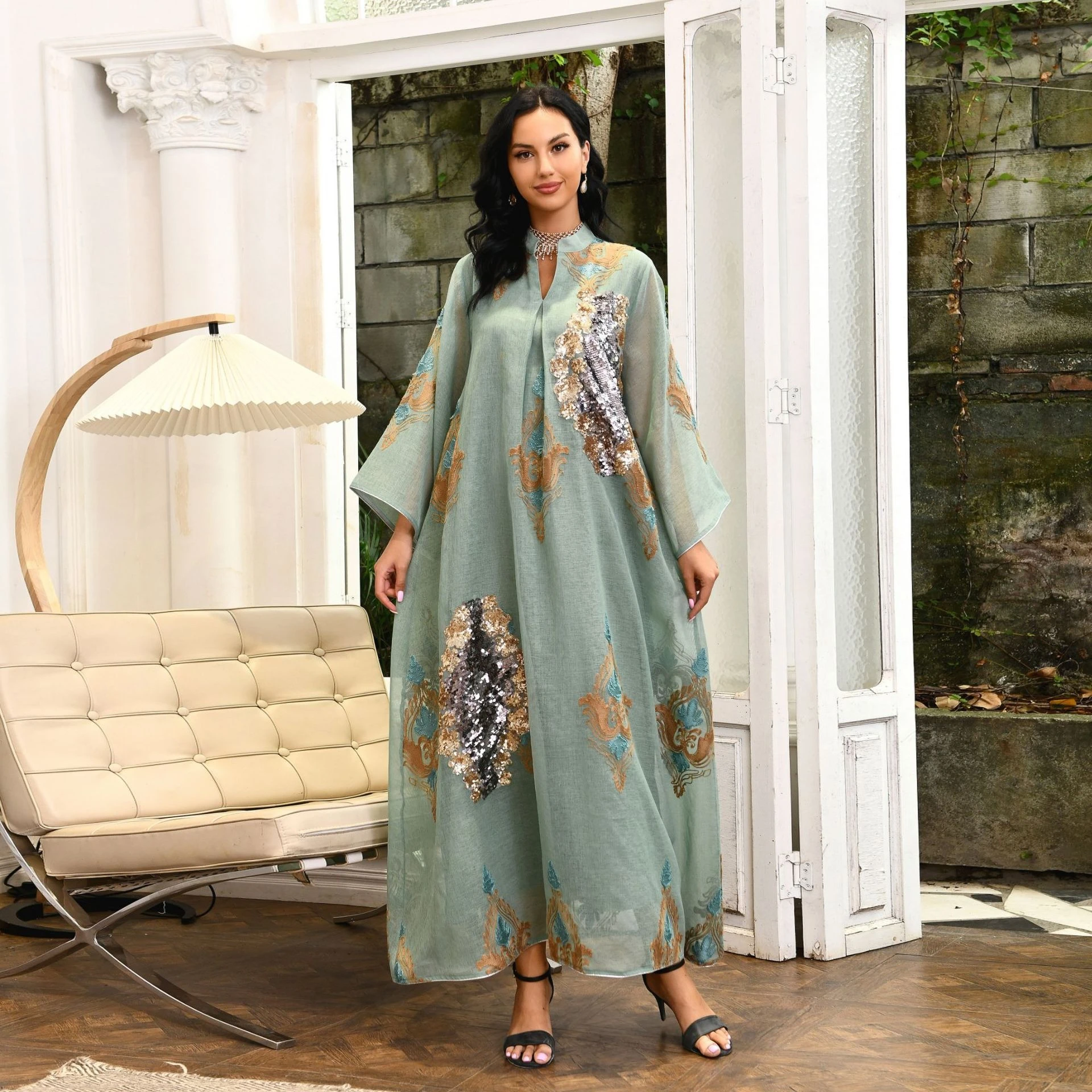 new 2024 High Quality Ethnic Clothing Sequin Islamic Women Dubai Abaya Loose Autumn Casual Dress Kaftan Dresses