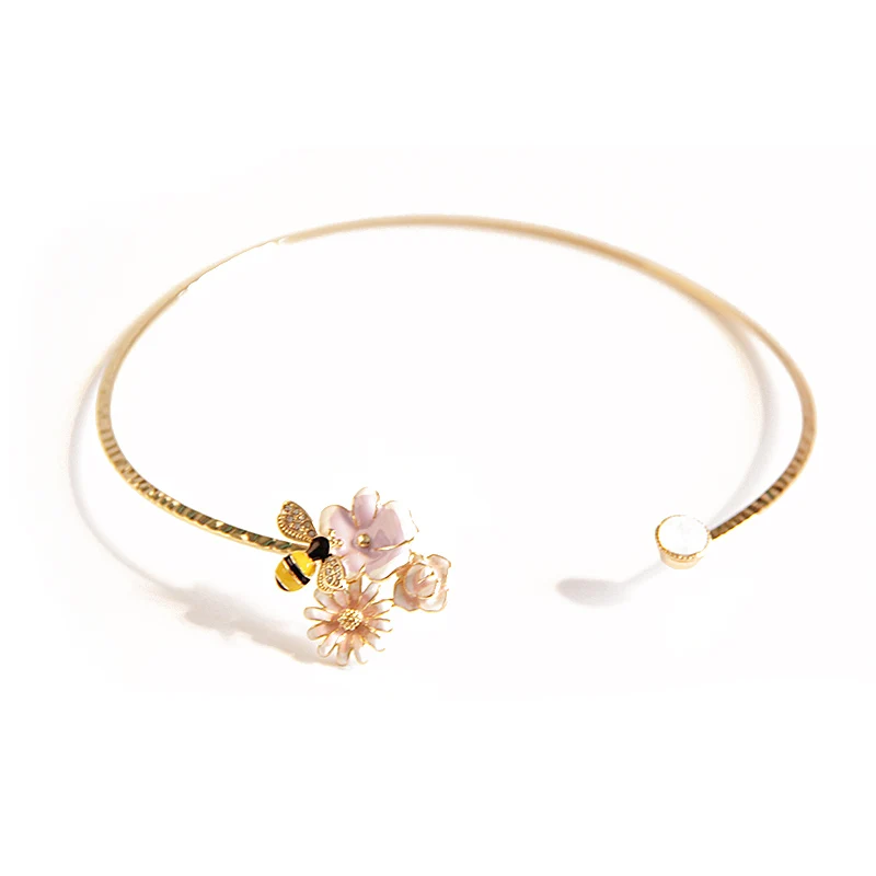 Gold Plated Cute Enamel Flower Honey Bee Opal Stone Charm Pendent Choker Necklace