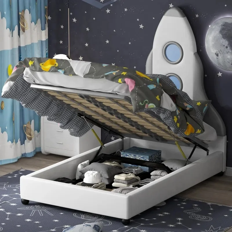 Q&N Grey Rocket Headboard Toddler Boys Storage Bed Upholstered Solid Wood Frame Kids Bedroom Set