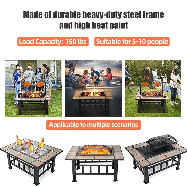 Square Metal Outdoor Fire Pit Table Wood Burning Fire Pit With Swivel Grill Axle For Patio Backyard Garden