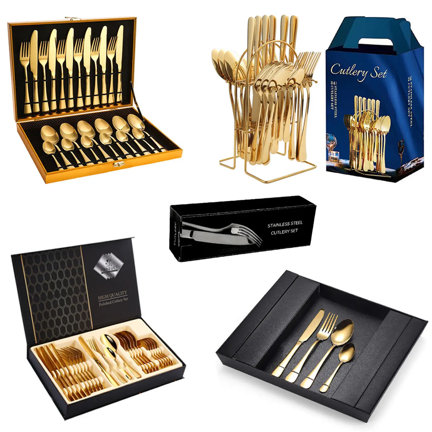 Luxury 24Pcs Home Flatware 1010 Gold Forks Spoons Stainless Steel Cutlery Sets with Box Case