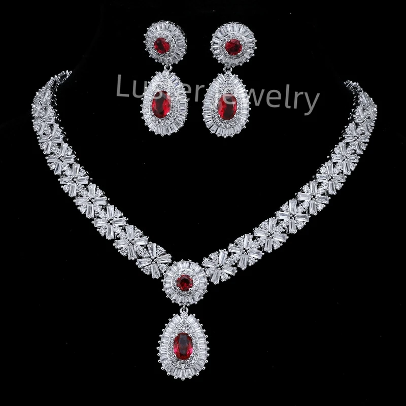 Luster pear pendant earring 100% sterling silver 925 red necklace jewelry set for woman with zircon