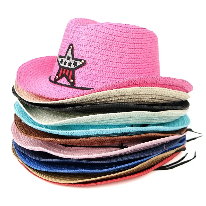 new fashion cheap baby boy girl children curved brim cowboy hat kids five star summer cowboy paper straw hat