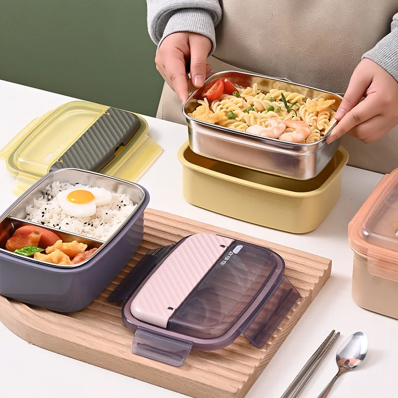2 Compartment Small 850ml Rice Snack Tiffin 304 Stainless Steel Food Bento Lunch Box Container For Kids Children with Dinnerware