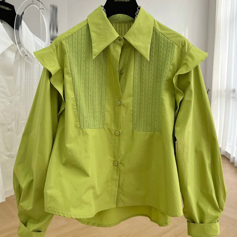 CS962 Wholesale 2023  Autumn Turn-down Ruffles Collar  solid  Long Sleeve Shirt Women Blouse Tops 10