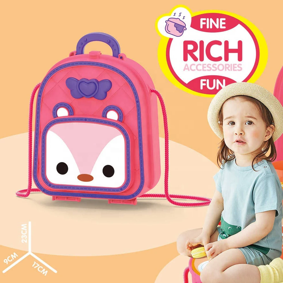 Plastic Mini  Indoor Shoulder Bag Backpack Cooking Pretend Play Game Kitchen Toy Set For Kids