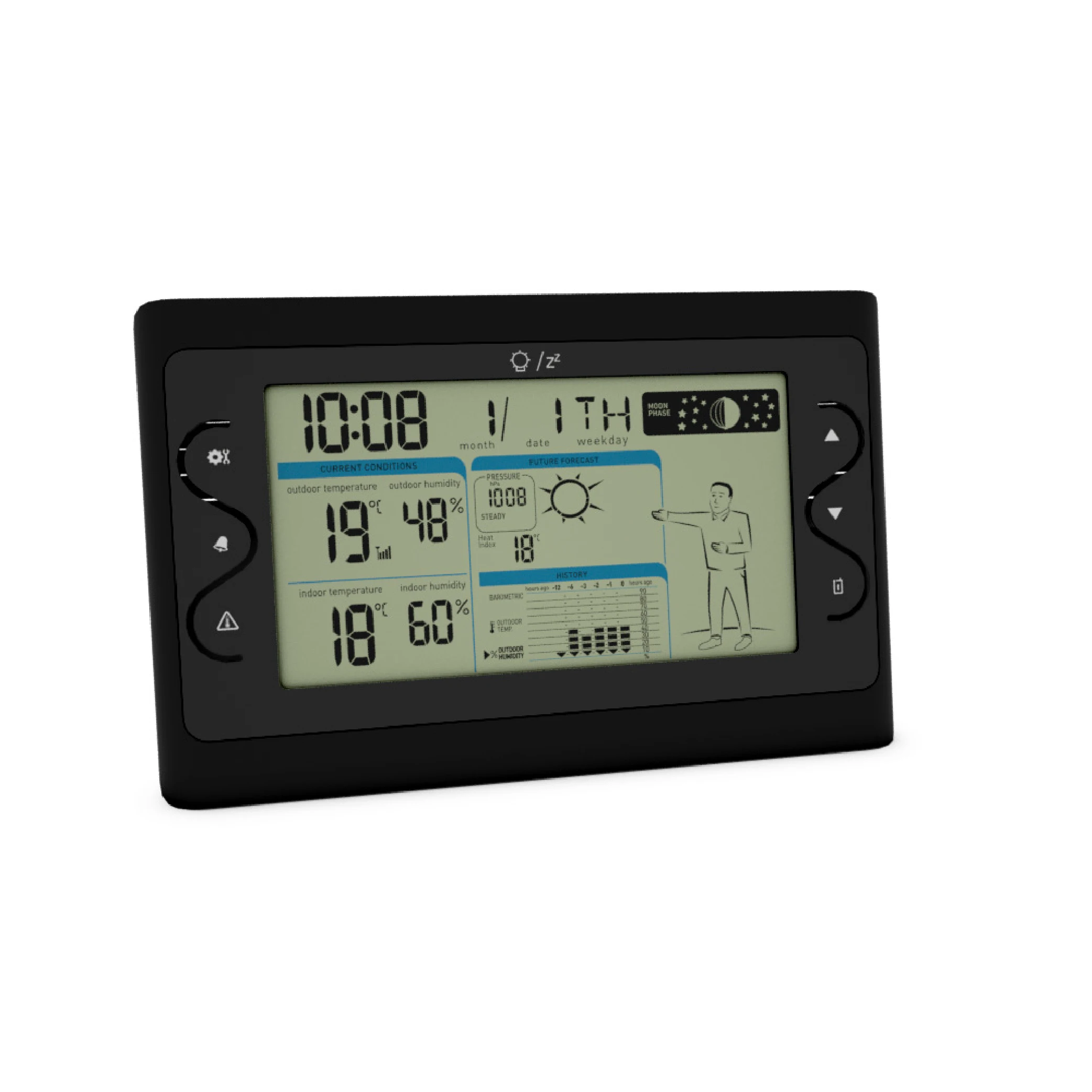 Thermometer digital alarm clock with wearing clothing index historical barometric/outdoor temperature and humidity record trends