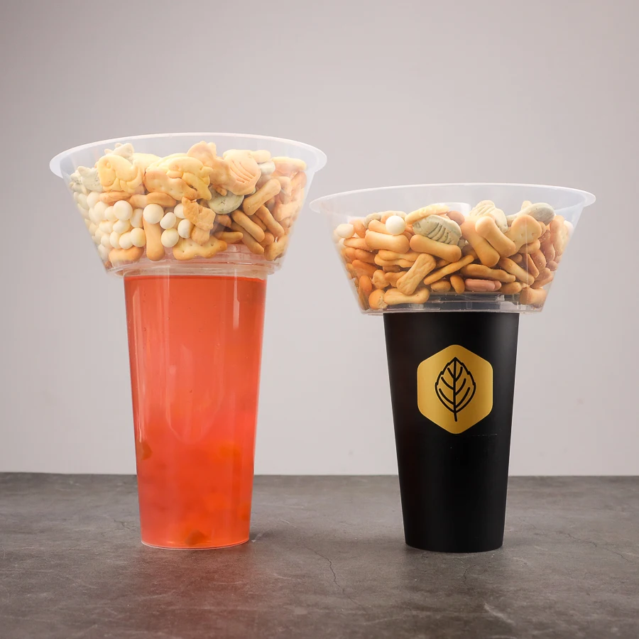 Empty 16 oz  24 oz 34 oz hot pot  Recyclable PP plastic 2 in 1 snack and drink cup pp container cup with snack topper tray cup