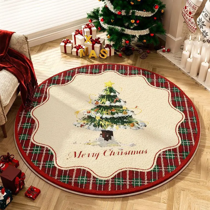Round Christmas living room imitation cashmere floor mat, dirt-resistant absorbent non-slip mat, home study bedroom soft carpet