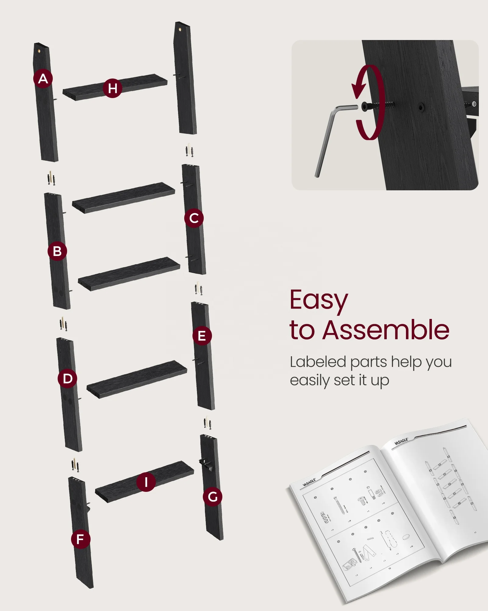 VASAGLE Farmhouse Ladder Rack for Storage and Decor 5-Tier Ladder Shelf wood Blanket Ladder