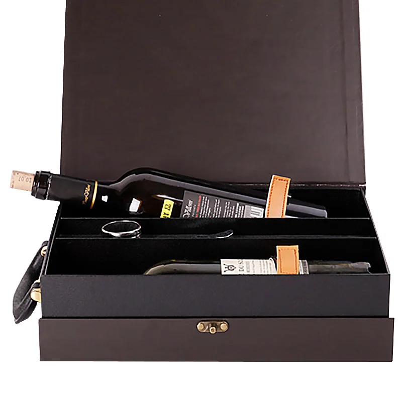 simple red wine bottle pack leather box magnetic paperboard 2 bottle black leather wine box for packing