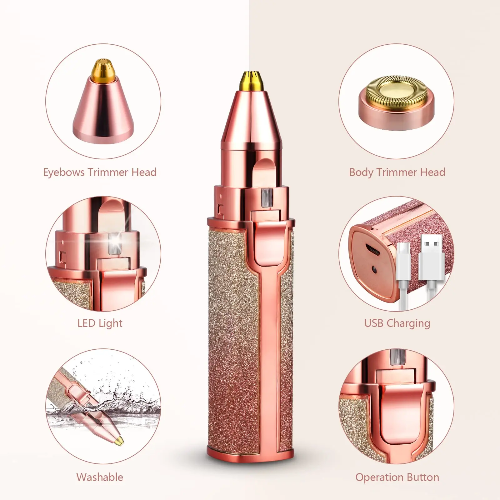 2023 Pink USB2 in 1 Rechargeable Built-in LED Light Trimmer Eye Brow Hair Remover Facial for Women Man Electric Eyebrow Shaver