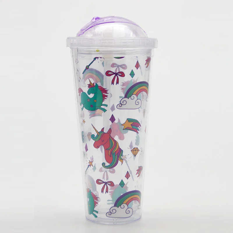 Unicorn Double Wall Insulated Plastic Boba Milk Tea Coffee Cups 650ml Plastic Reusable Bubble Boba Tea Cups With Lids