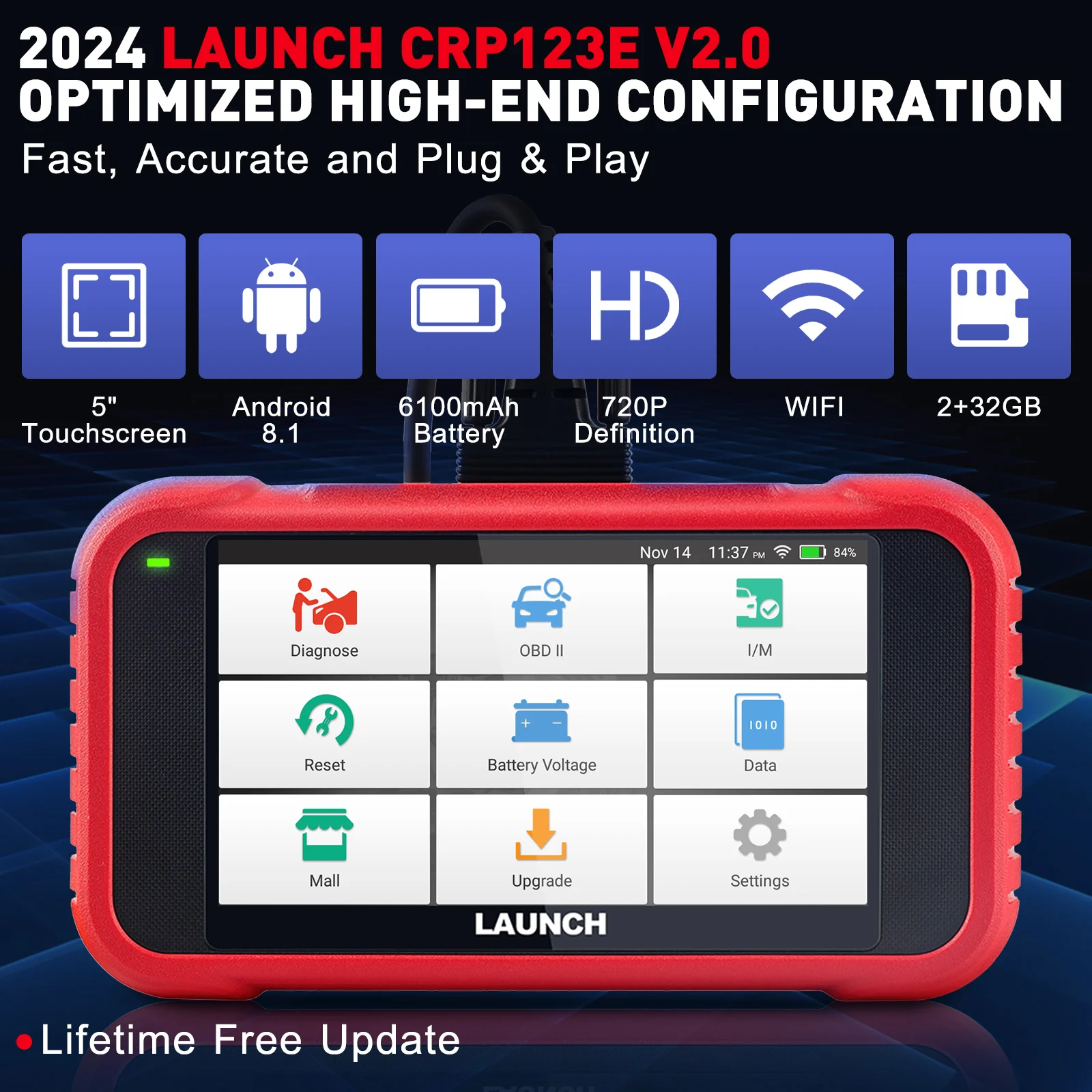 Launch CRP123E V2.0 Four System Automotive Diagnostic Tool with 7 Resets Lifetime Free OBD2 Scanner