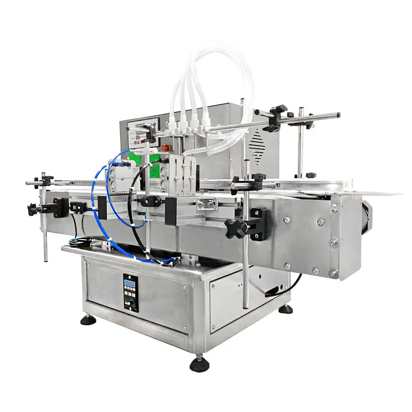 Fully Automatic 4 Heads Small Scale Glass Bottle Vial Beverage Juice Perfume Essential Oil Liquid Filling Machine With Conveyor