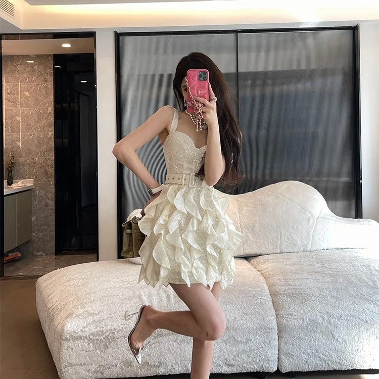 2024 french women super beautiful white dress with straps women high-end ruffled fabric birthday dress