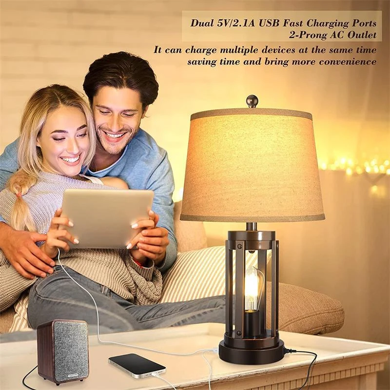 Dimmable Farmhouse Touch Lamps Modern Black Nightstand Desk Lamp with two USB ports for Living Room