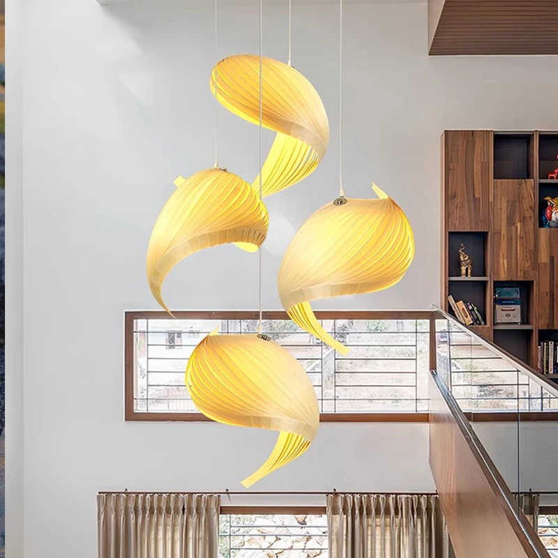 2024 Nordic Handmade Spiral Pleats LED Chandelier Wooden Pendant Light with Modern Design Cafe Bar Inspired Conch Shell Stairs