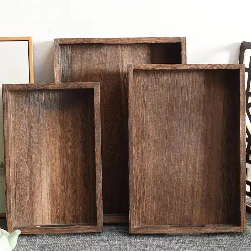 Wholesale Custom Logo Paulownia Wood Japanese Storage Tray with Handle Creative Rectangular Tray for Living Room